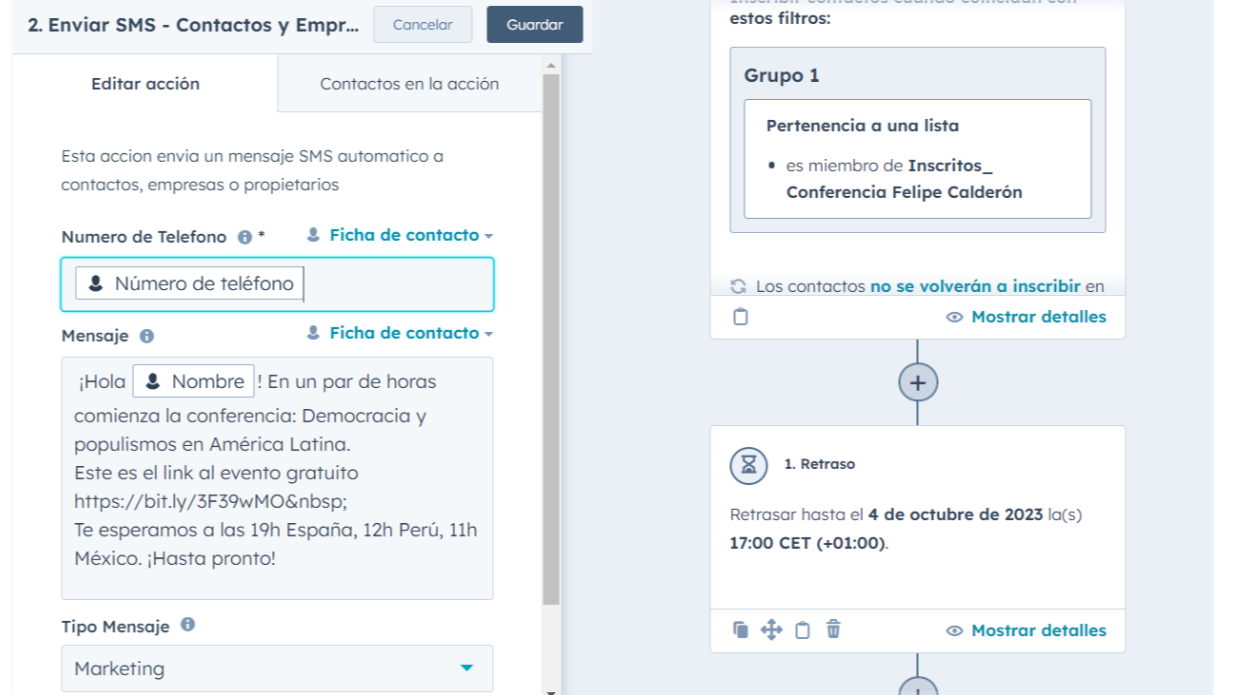 Envíos de SMS personalizados por tus propiedades desde Workflows.